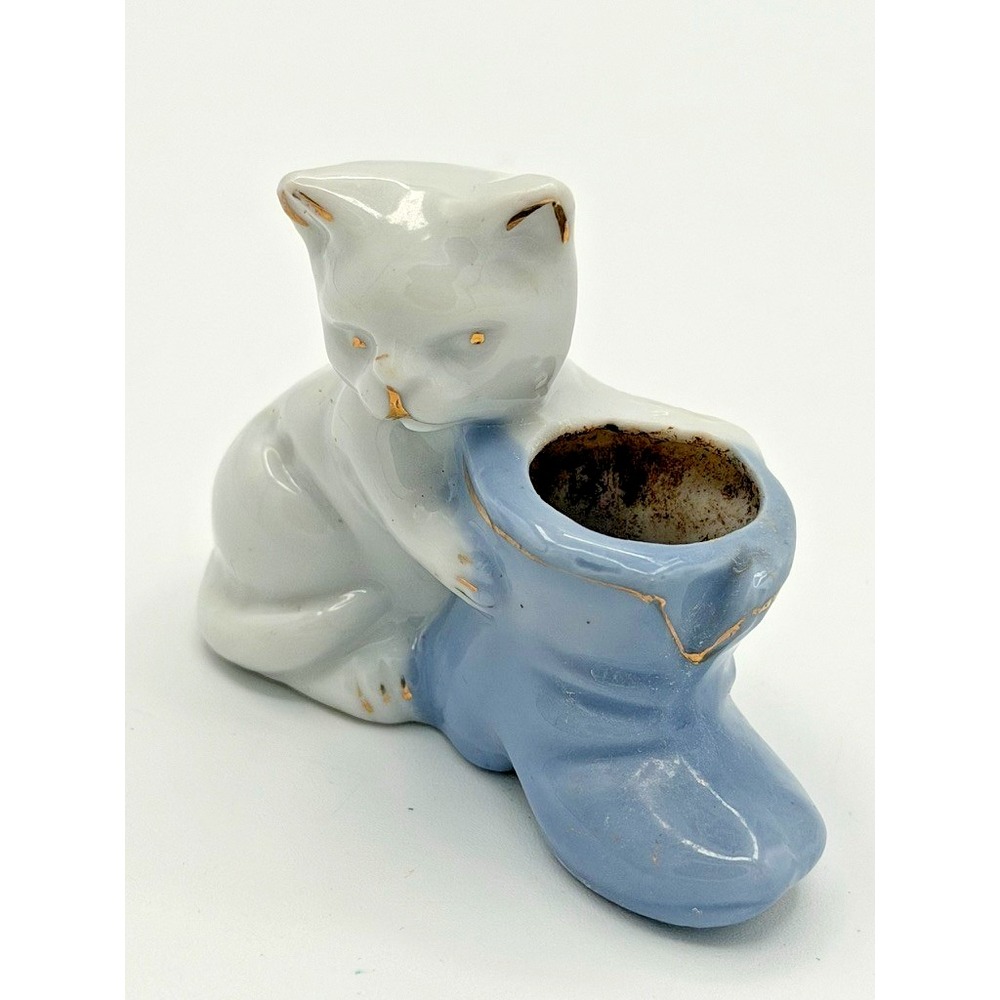 Vintage PAC Japan Ceramic Cat & Blue Boot Mini Planter Figurine Gold Trim - Picture 2 of 7